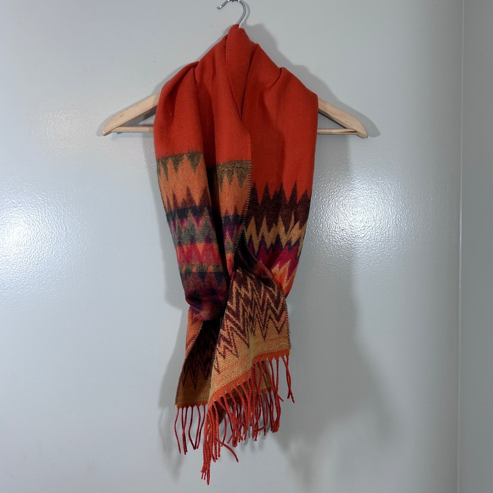 Croft & Barrow Orange Chevron Geometric Soft Knit Fringe Winter Scarf RN54976